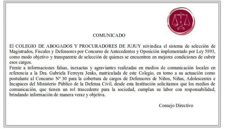 Comunicado del Colegio de Abogados de Jujuy.